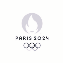 Logo for Paris 2024 Olympic Games featuring a flame symbol, text 'Paris 2024,' and five interlocked rings.