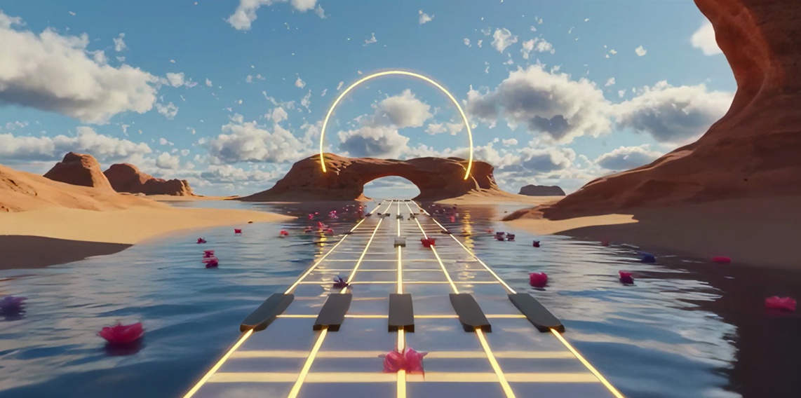 A surreal landscape with a river of reflective water, pink floating flowers, and glowing neon lines resembling piano keys. In the background, red rock formations and a natural arch with a glowing circle over it, under a partly cloudy sky.