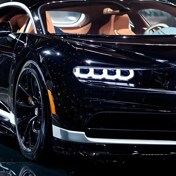 Close-up of a sleek black luxury sports car with orange interior visible through the windshield, showcasing modern design and LED headlights.