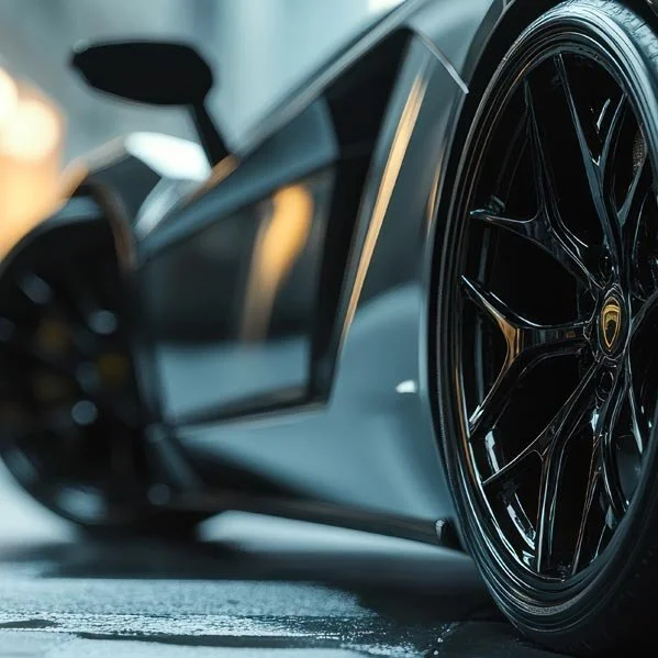 Close-up of a luxury sports car with black wheels, showing the side of the car and part of the wheel