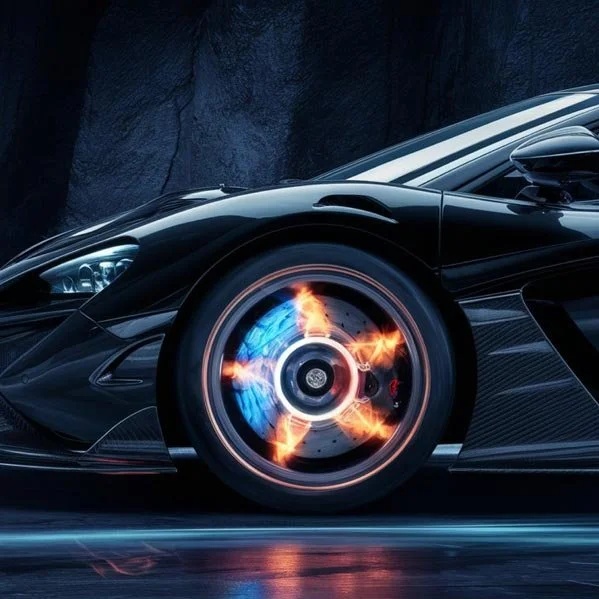 Close-up of a high-performance sports car's front wheel with fire and blue flames emanating from the rim.