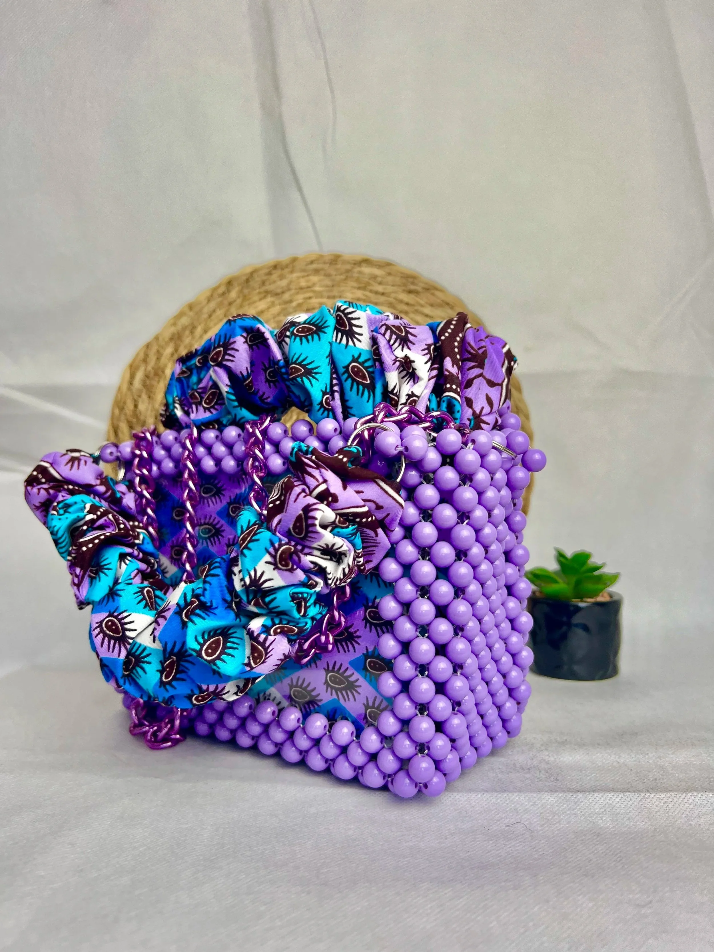 PURPLE ANKARA BEADED BAG (RECTANGLE SHAPE)