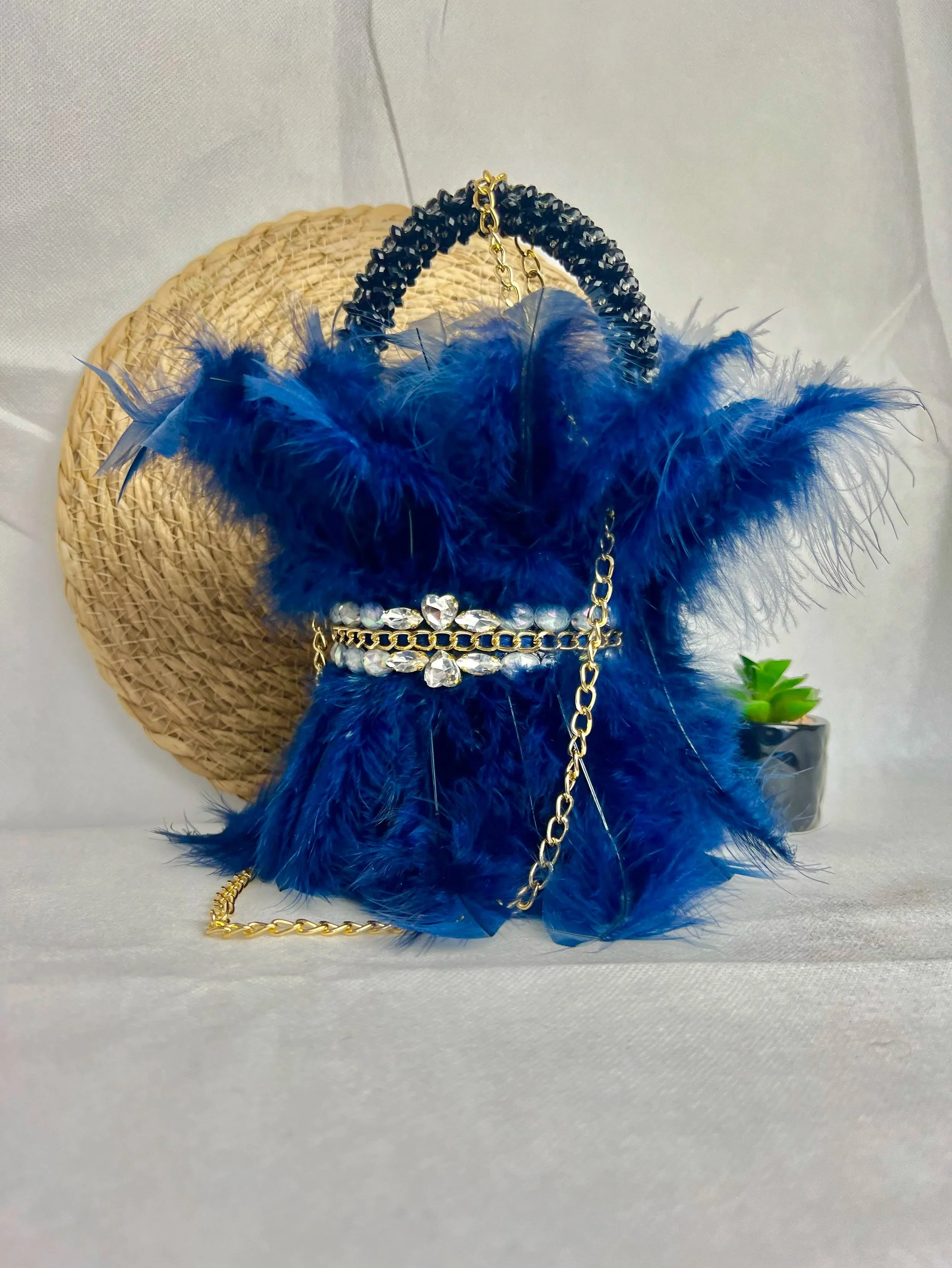 FEATHERED BEADED BUCKET BAG