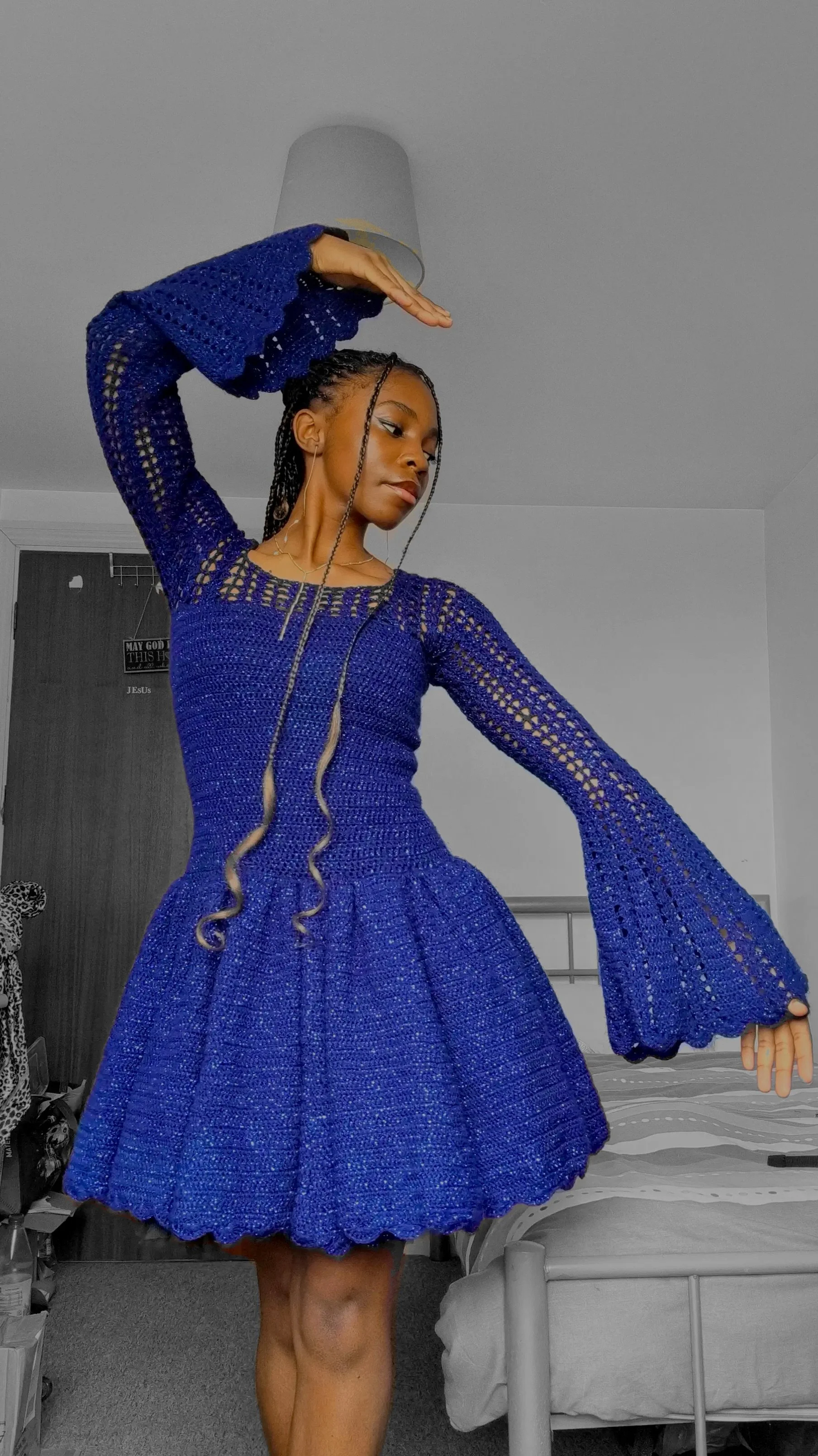 CROCHET FLARED DRESS WITH FLARED SLEEVES (MIDNIGHT BLUE)