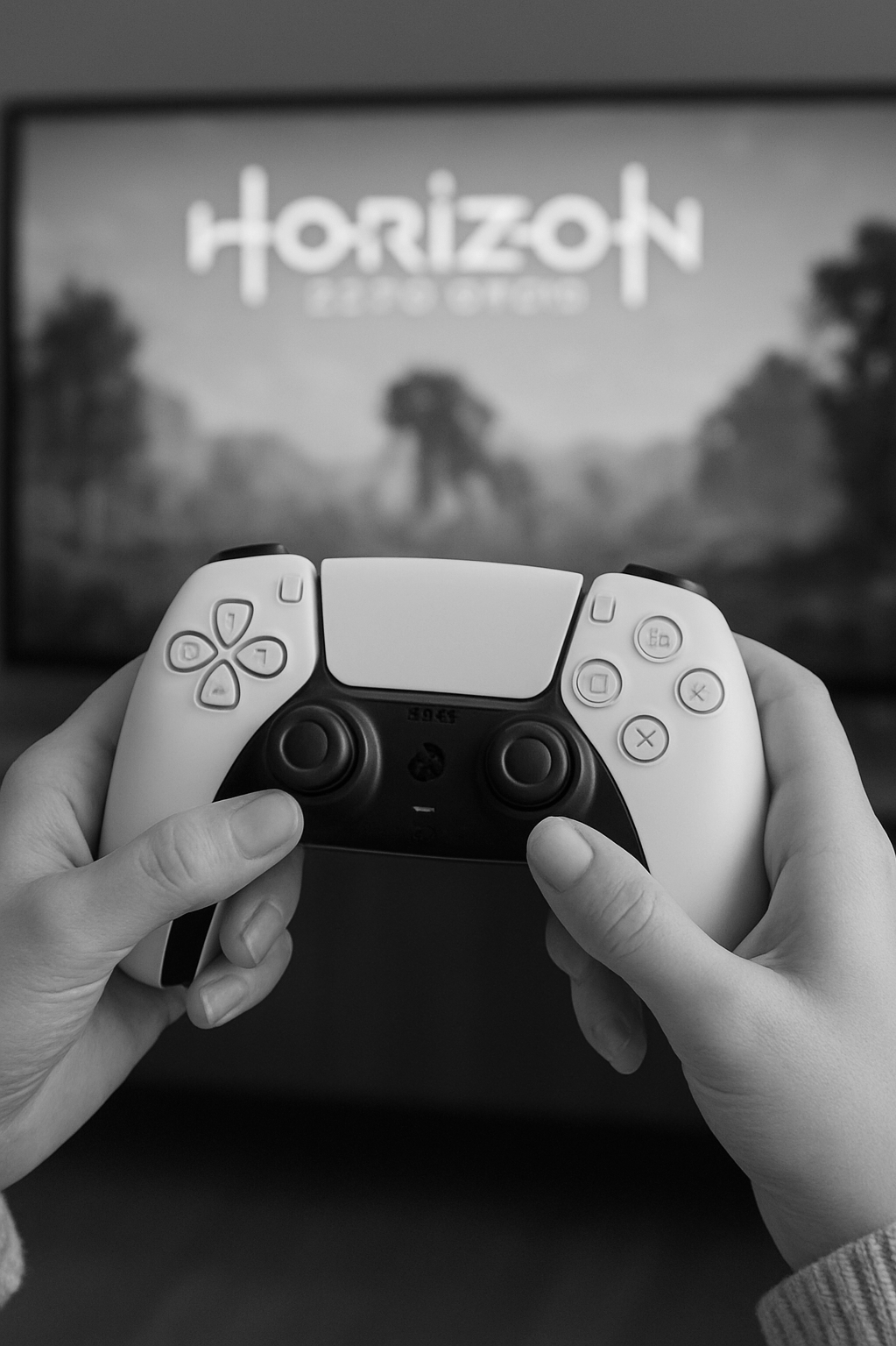 Person holding a gaming controller in front of a TV screen displaying the game 'Horizon EE' or 'Horizon Zero Dawn' in black and white.