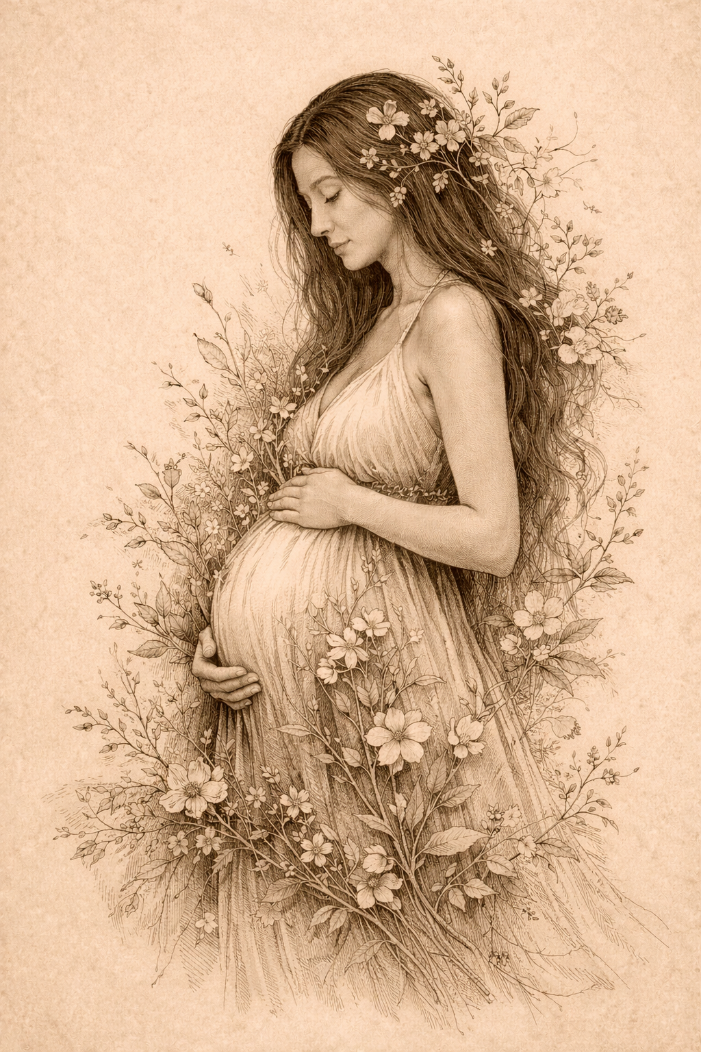 Sepia-toned artistic illustration of a pregnant woman with long hair, surrounded by floral designs.