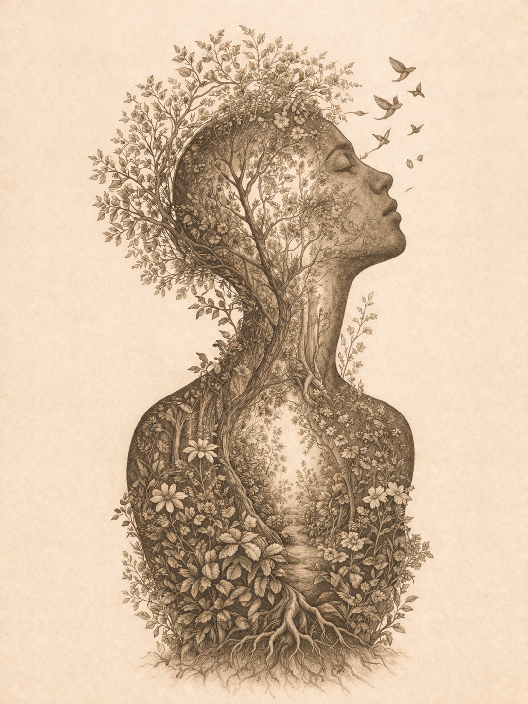 Illustration of a woman's profile with trees and leaves forming her hair and body, with a stream and roots at the bottom, in sepia tones.