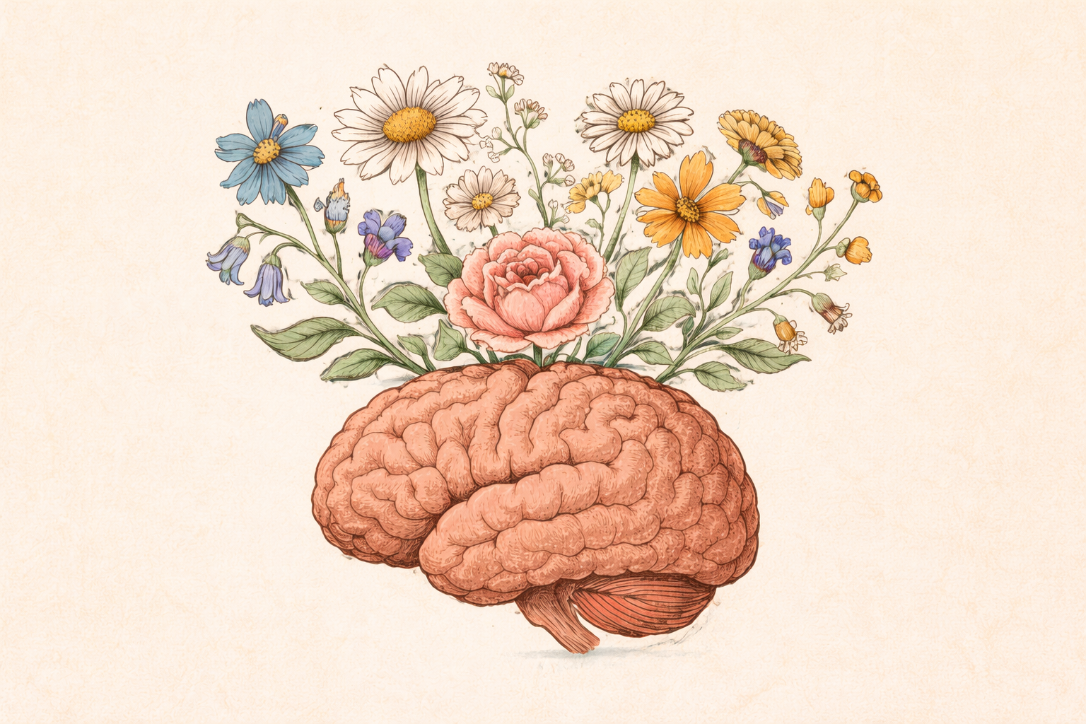 An artistic illustration of a brain with blooming flowers, representing the science of positive psychology and the potential for women to grow differently.