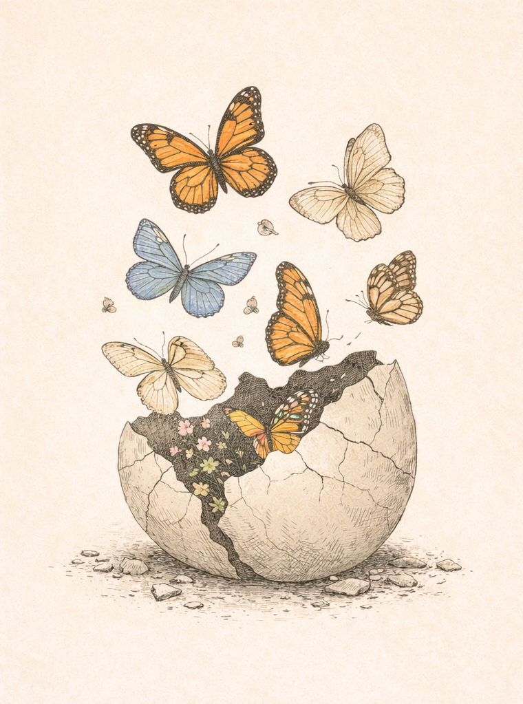 An illustration of butterflies emerging from a cracked eggshell, symbolising a different way to grow through positive psychology coaching for women.