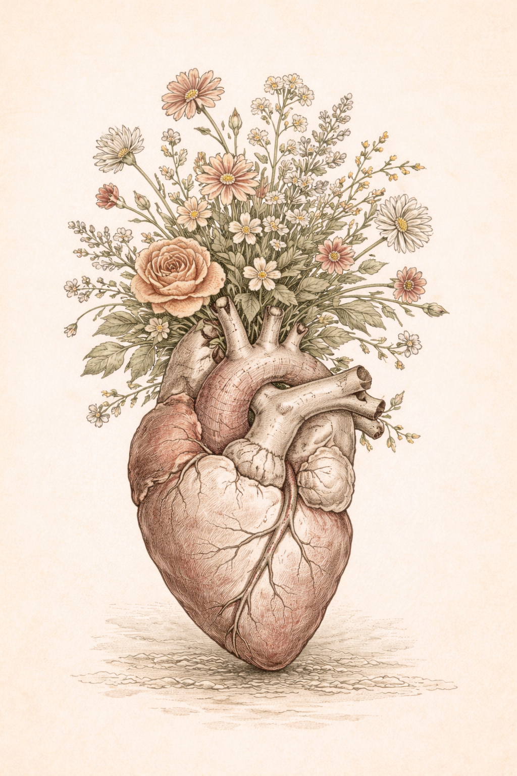 An anatomical heart with flowers blooming, symbolising the physical vitality and emotional flourishing gained through alcohol-free performance coaching.
