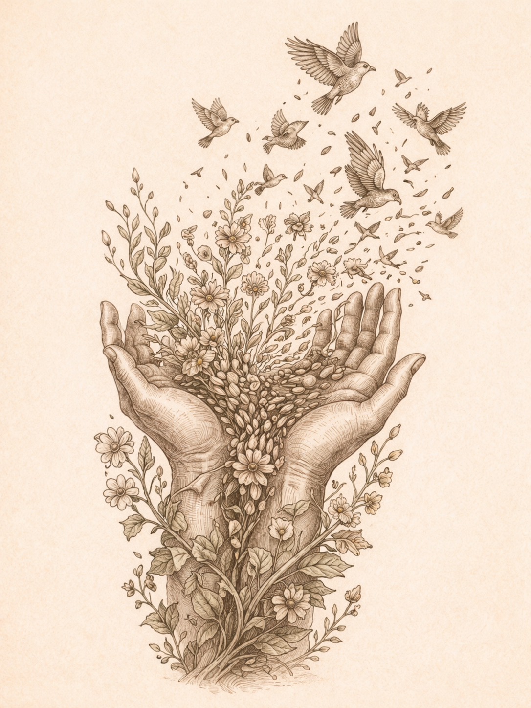 An illustration of hands releasing flowers and birds, symbolising the freedom women find when they overcome limiting beliefs through positive psychology.