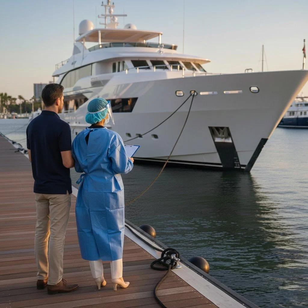 A Wrap Surgeon and a man standing on a dock near a large yacht, with the surgeon holding a tablet and dressed in medical scrubs and a hair cap, during sunrise.
