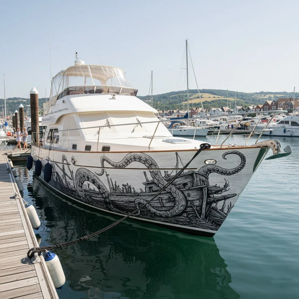 A large white yacht with custom printed Marine Defense artwork of an octopus and a ship, docked at a marina.