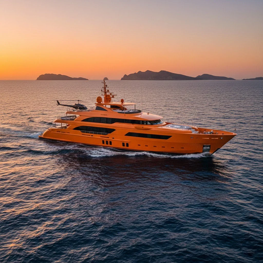 A large, bright orange yacht sailing on the ocean during sunset with islands in the background.