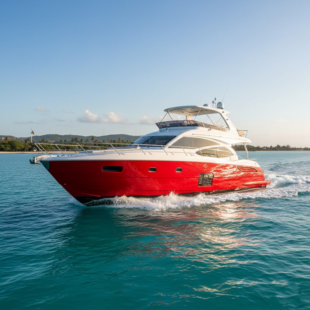 A Marine Defense red yacht sailing on a calm blue sea with a distant shoreline and clear sky.