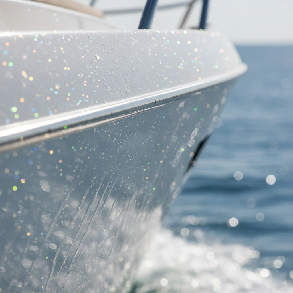 Close-up of a boat's hull with water droplets, sparkling in sunlight, with the ocean and sky in the background.
