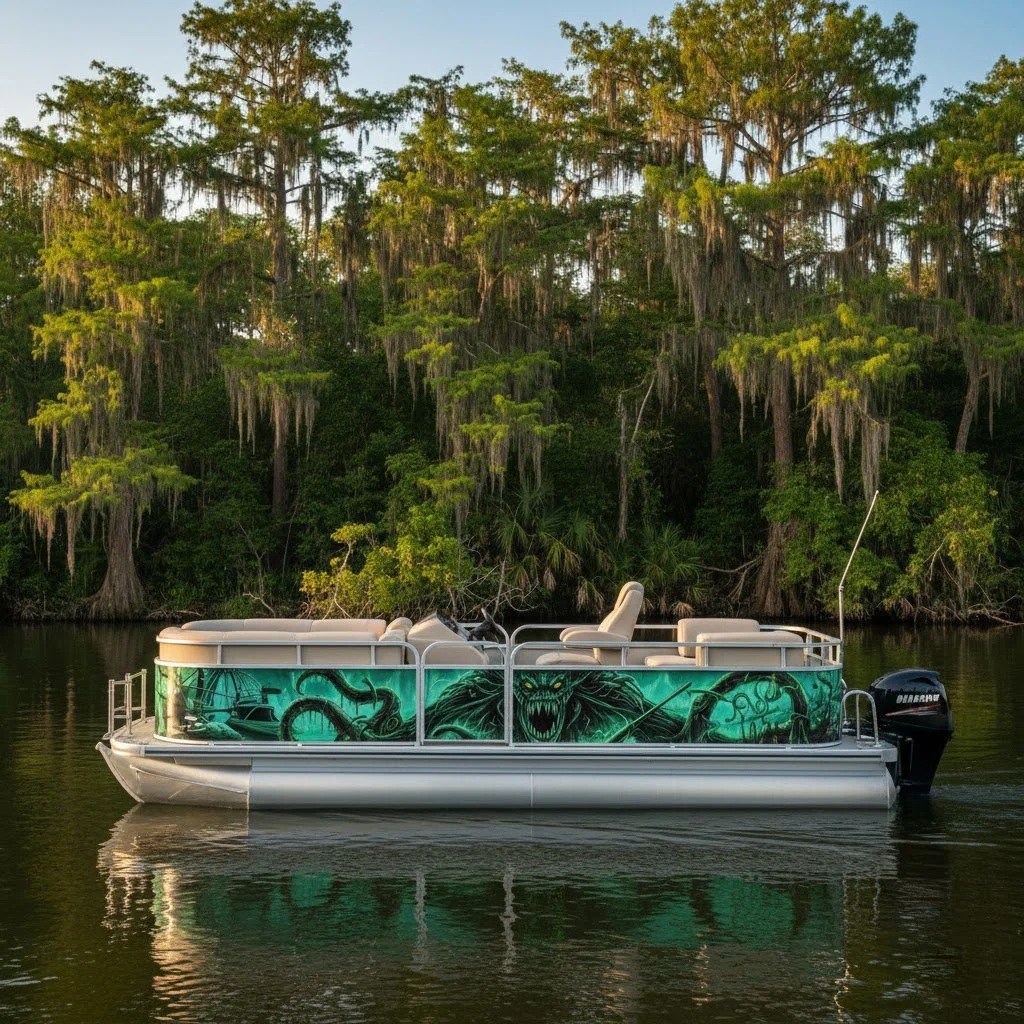 A pontoon boat with green swamp-themed artwork on the side, floating on a calm river.