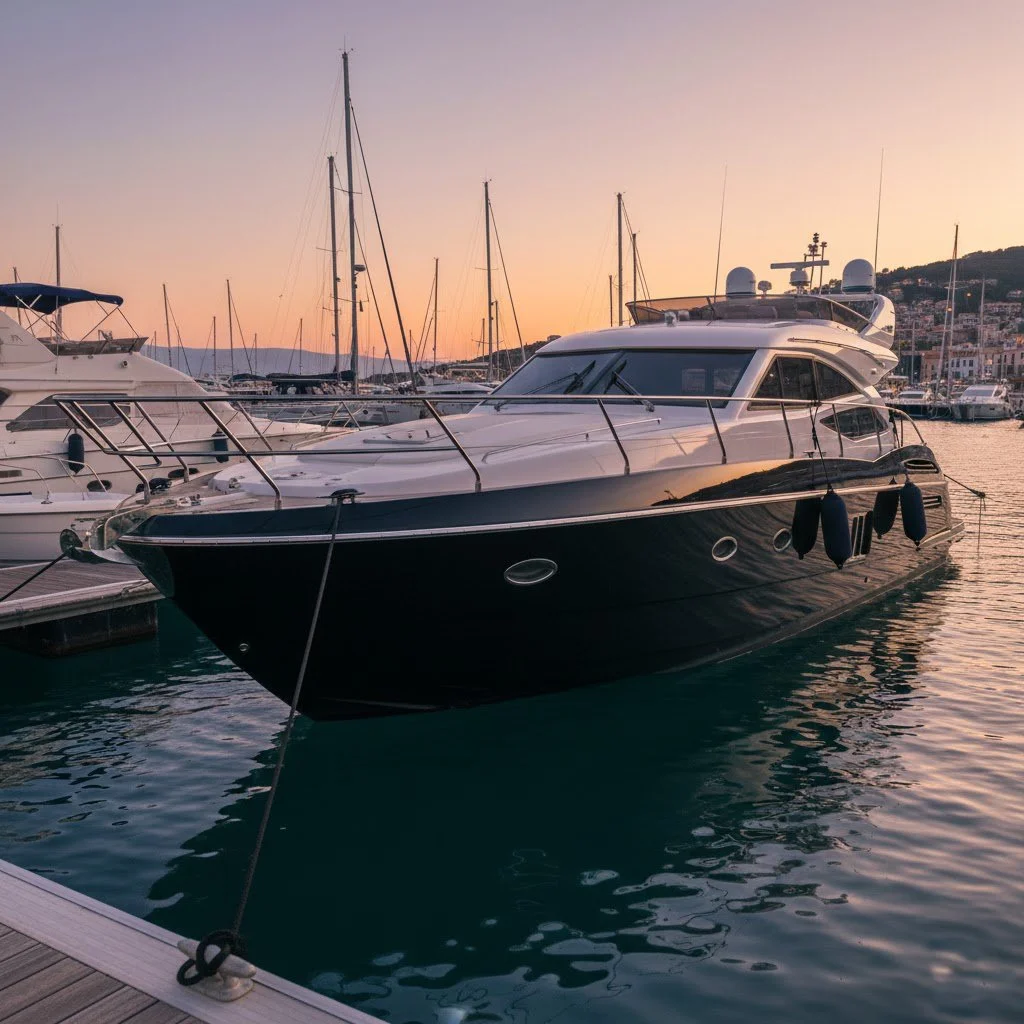 Luxury yacht docked at a marina during sunset, with Marine Defense gloss black on the hull.