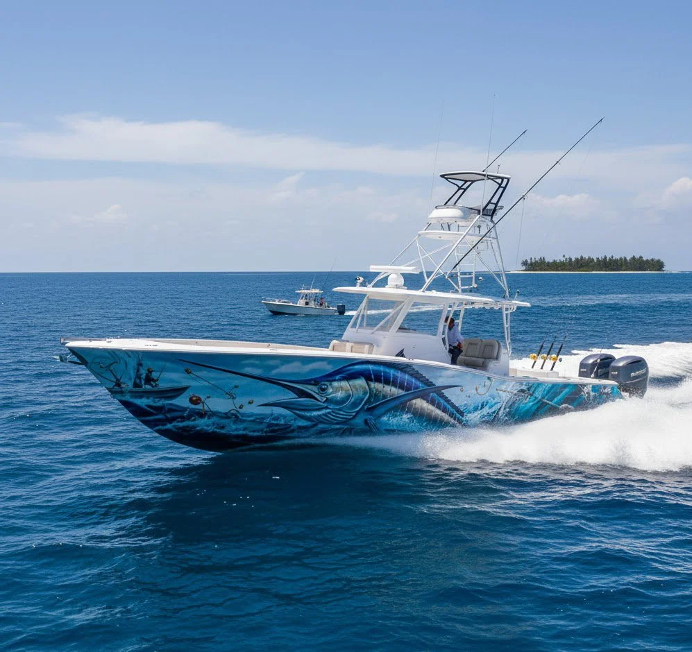 Powerboat with a marlon mural on the side, speeding through the ocean near an island with palm trees.