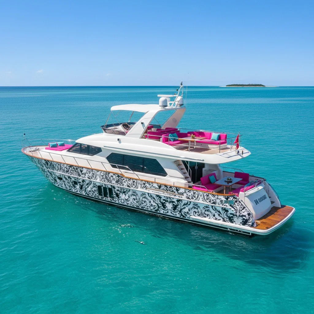 A large luxury yacht on turquoise ocean water with an island in the distance, decorated with a custom Marine Defense design, pink and blue cushions, and lounge furniture.