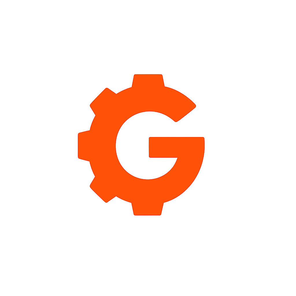 Logo with a black background, a large orange gear with the letter 'G' in the center, representing Google Workspace or Google Tools.