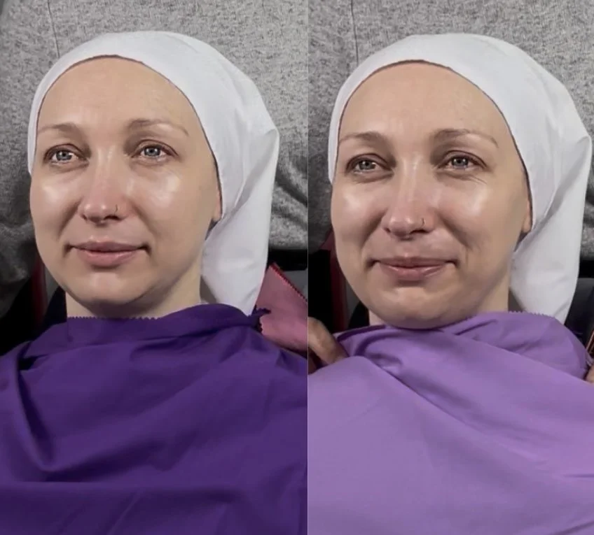 Side-by-side comparison of a woman before in a colour analysis session.