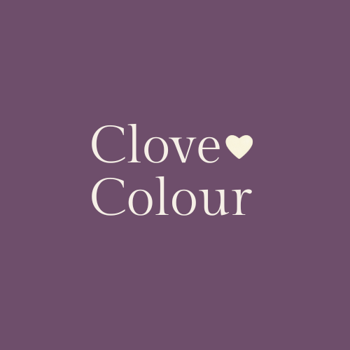 Purple background with white text that says "Clove Colour" and a white heart symbol.