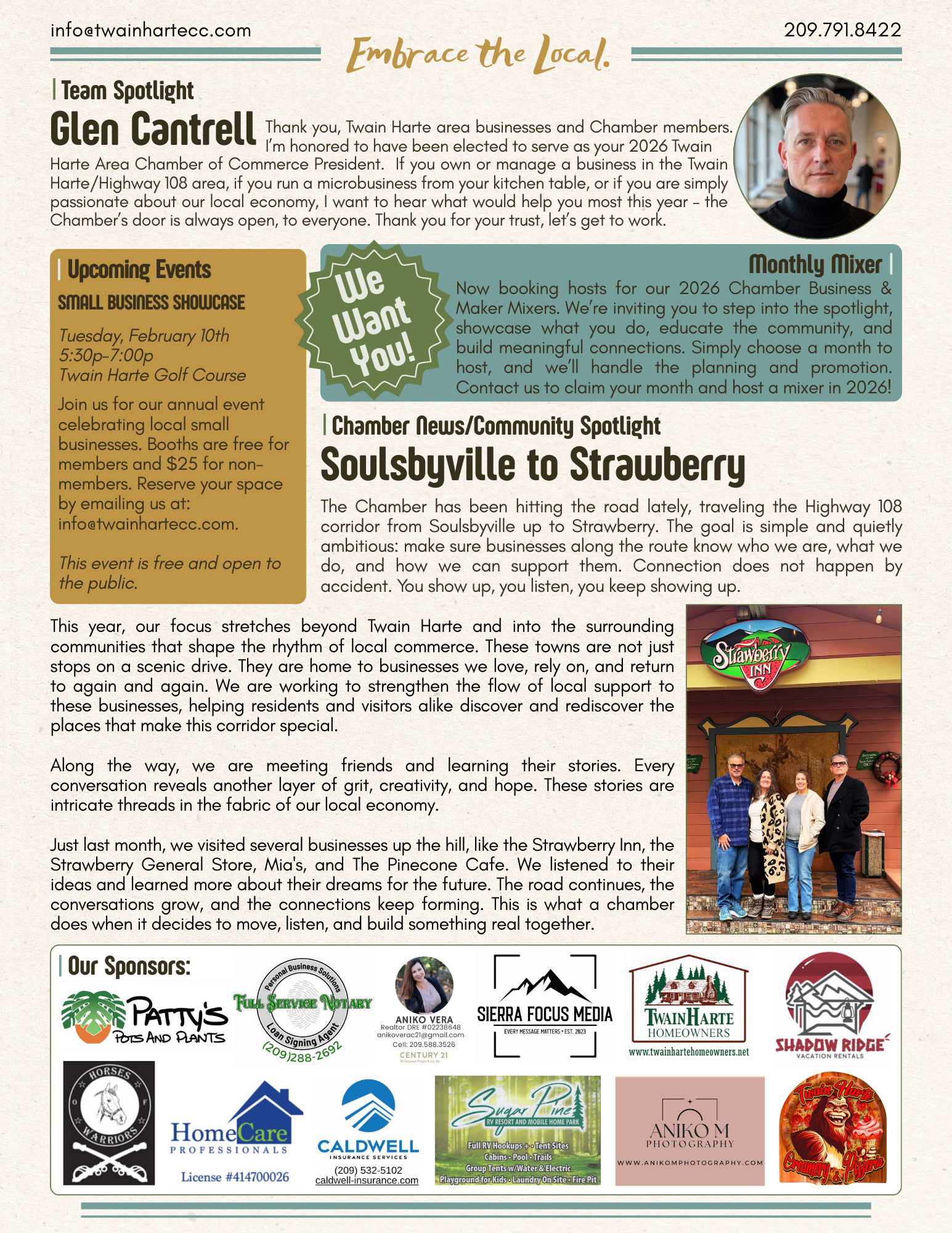 A community newsletter featuring a profile of Glen Canteell, upcoming events such as a small business showcase at Twain Harte Golf Course, and a community spotlight on Soulsville to Strawberry. The newsletter includes a photograph of four people standing in front of a restaurant sign, and various sponsor logos at the bottom.