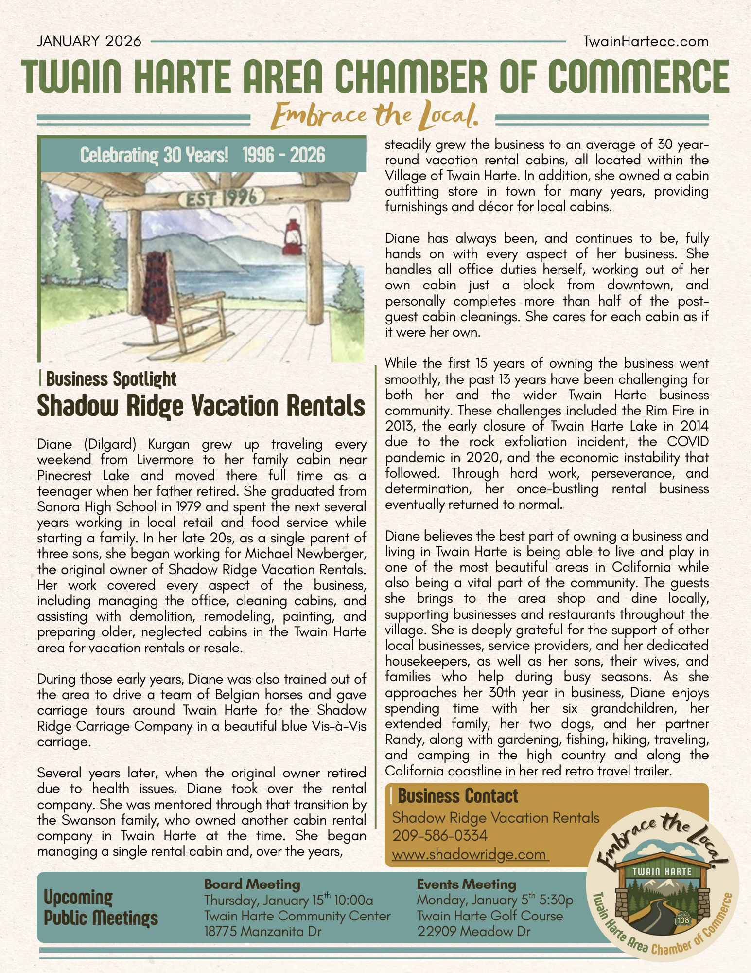 A newsletter page celebrating 30 years of the Twain Harte Area Chamber of Commerce, featuring an illustration of a lakeside cabin with a rocking chair, trees, mountains, and a lantern. The page includes articles about Shadow Ridge Vacation Rentals, business highlights, and upcoming events.