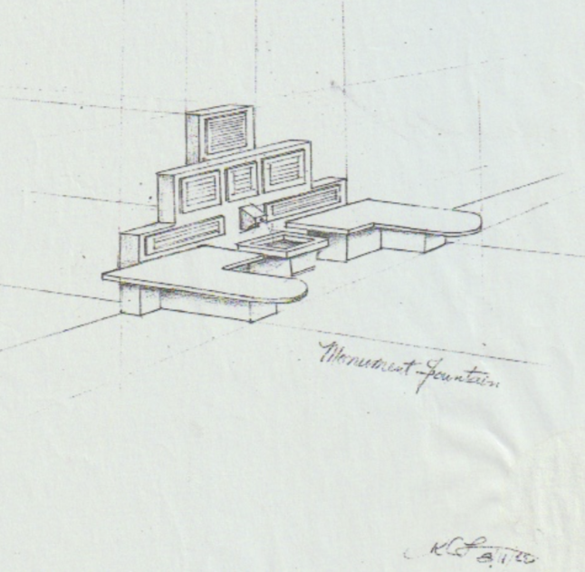 A sketch of a modern, curved sectional sofa with multiple backrests and a television on a wall, labeled 'Memorial Fountain'.