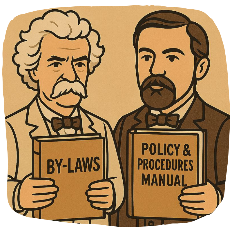 Two men in formal attire holding manuals titled "By-Laws" and "Policy & Procedures Manual".
