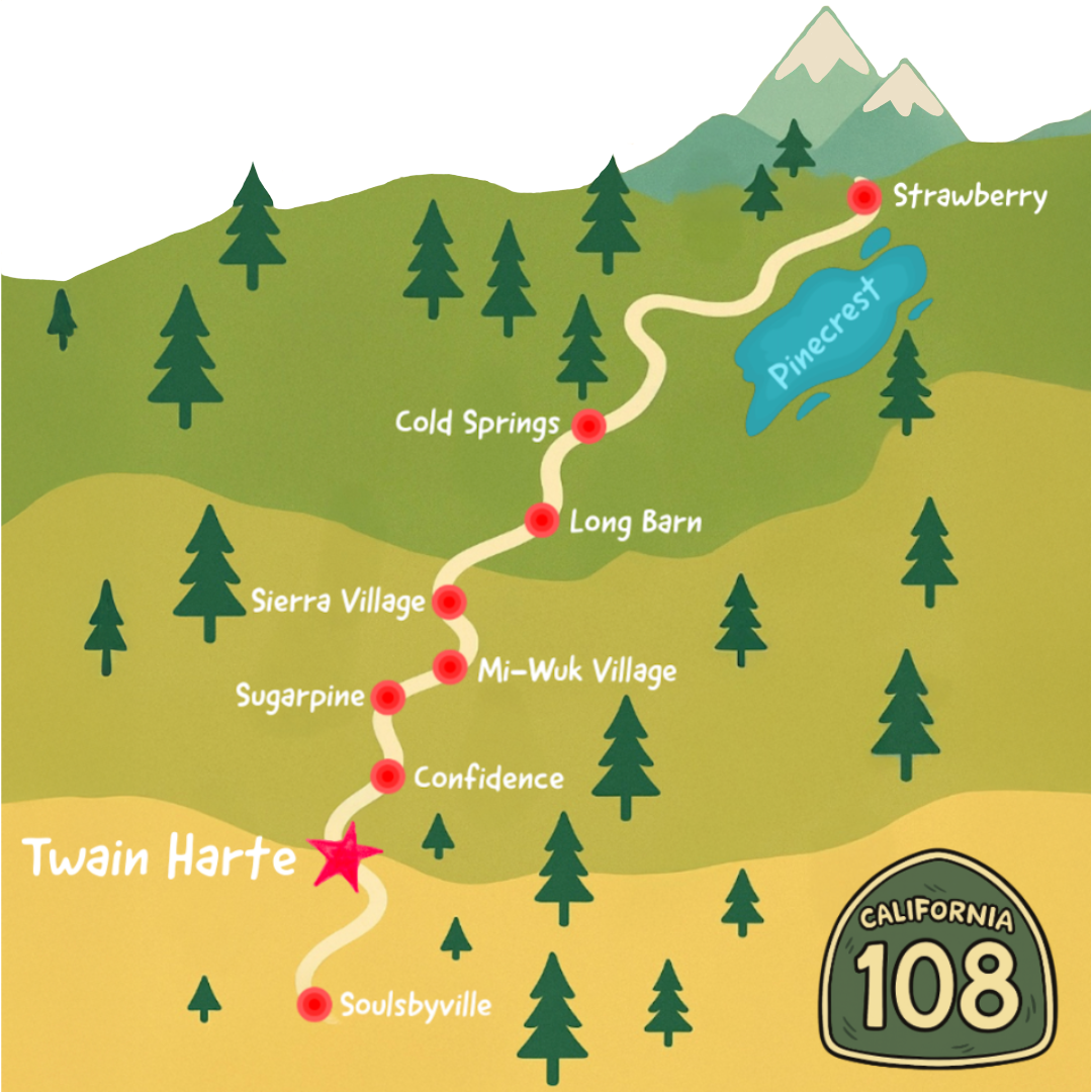 Map of California State Route 108 with landmarks including Soulsbyville, Confidence, Sugarpine, Sierra Village, Mi-Wuk Village, Long Barn, Cold Springs, Strawberry, Pinecraft, and a lake, with surrounding trees and mountains.