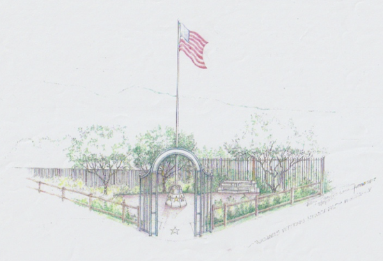 Colorful sketch of a memorial site with a flagpole, American flag, a gate, flowers, trees, and a monument.