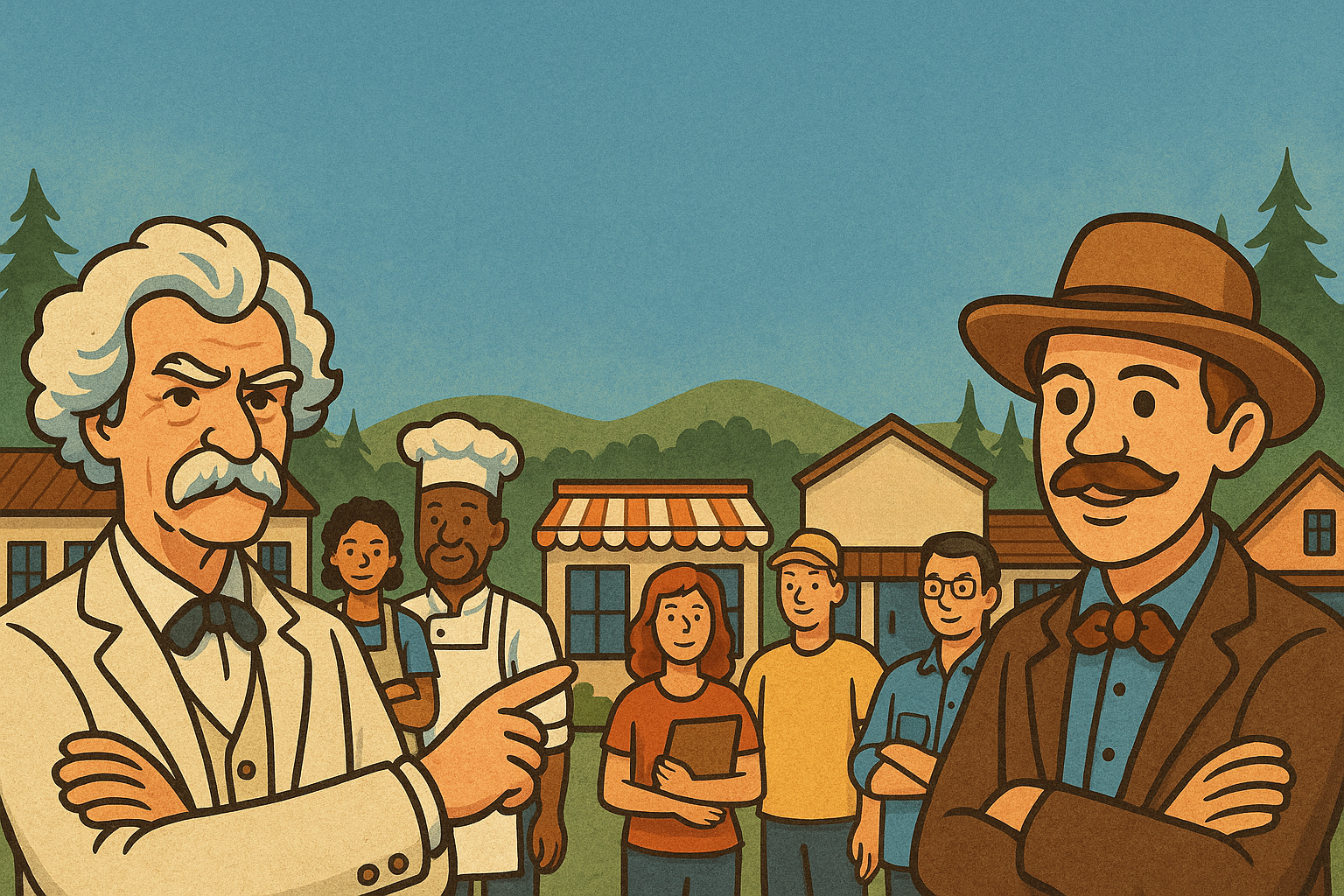 Animated scene with two men dressed as historic figures in a town setting, surrounded by diverse people, with trees and hills in the background.