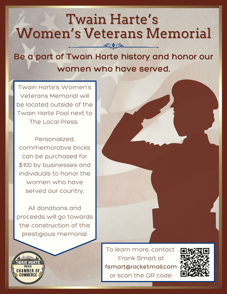 Informational poster for Twain Harte's Women's Veterans Memorial, featuring a saluting female silhouette against a patriotic background with stars and flags, and details about the memorial's location, purchase of commemorative bricks, and contact inf