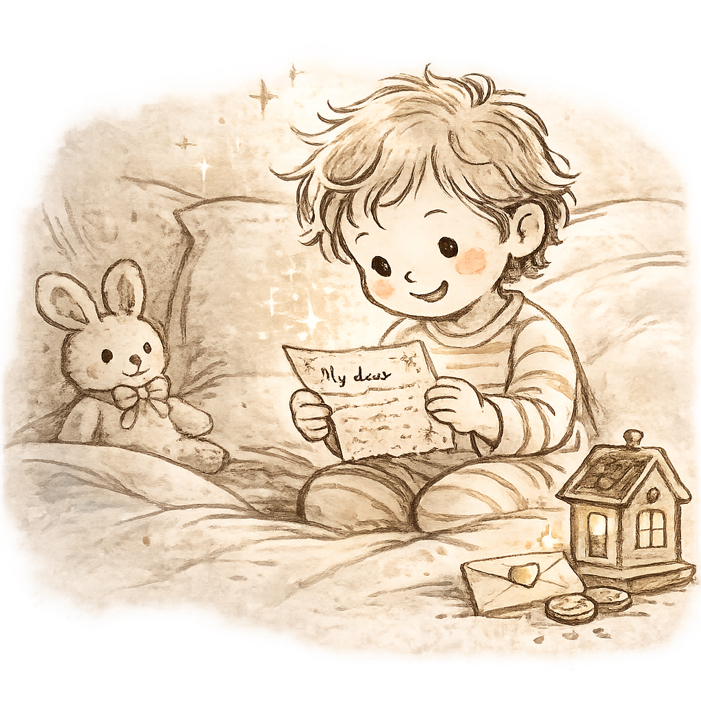 An illustration of a happy child sitting in bed, reading a letter from the tooth fairy with a teddy bear and toy house nearby.