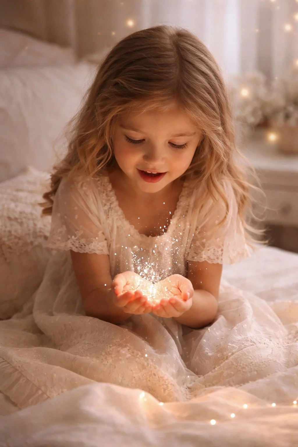 A young girl with blonde hair sitting on a bed, looking at sparkling dust in her hands with a happy expression, in a cozy, warmly lit room.