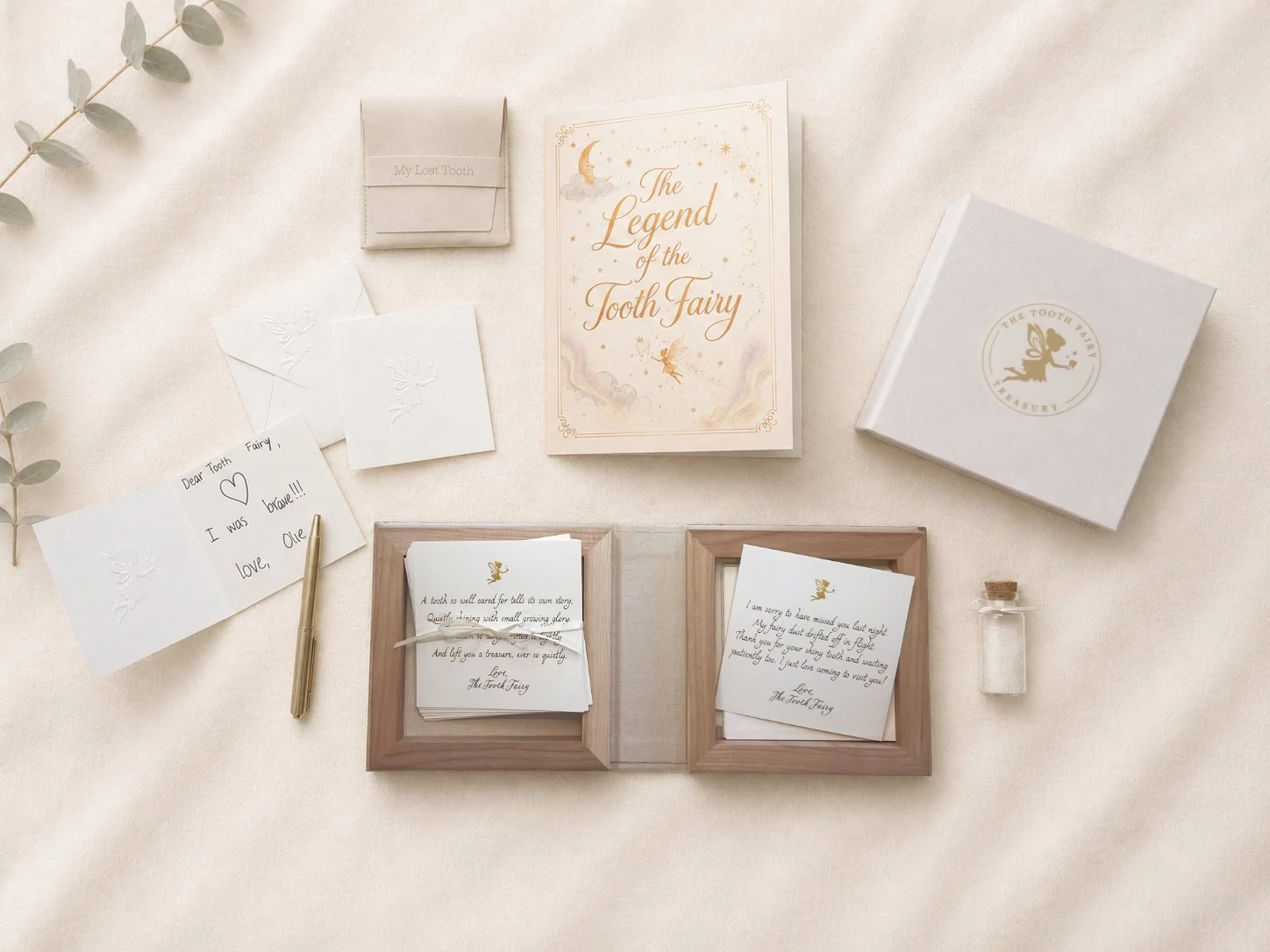 Complete Tooth Fairy kit with story booklet, keepsake box, tooth pouch, stationery, notes, gold pen, and fairy dust on an ivory background.