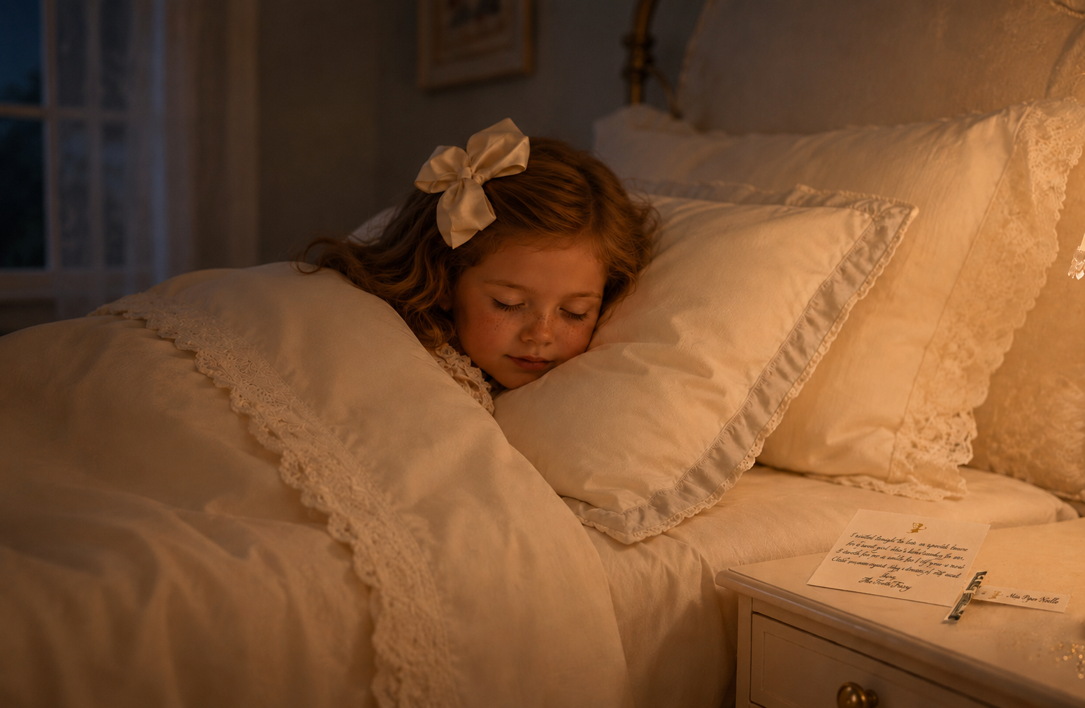 A young girl sleeping peacefully in a bed, with a Tooth Fairy Treasury Tooth Fairy note and $2 dollar bill tooth fairy treasure, name tag, and fairy dust, illuminated on the nightstand by warm light from a bedside lamp.