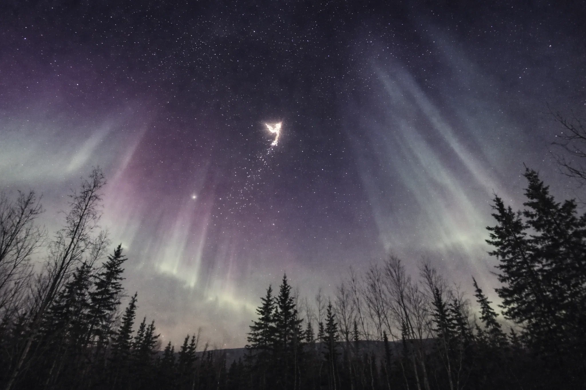Tooth Fairy flying through the northern lights above a snowy Nordic forest, inspired by Tooth Fairy legends and childhood lost tooth traditions.