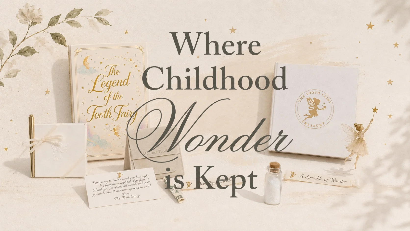 Where Childhood Wonder Is Kept — The Tooth Fairy Treasury collection with tooth fairy letters, keepsake box, storybook, lost tooth pouch, stationery, and fairy dust.