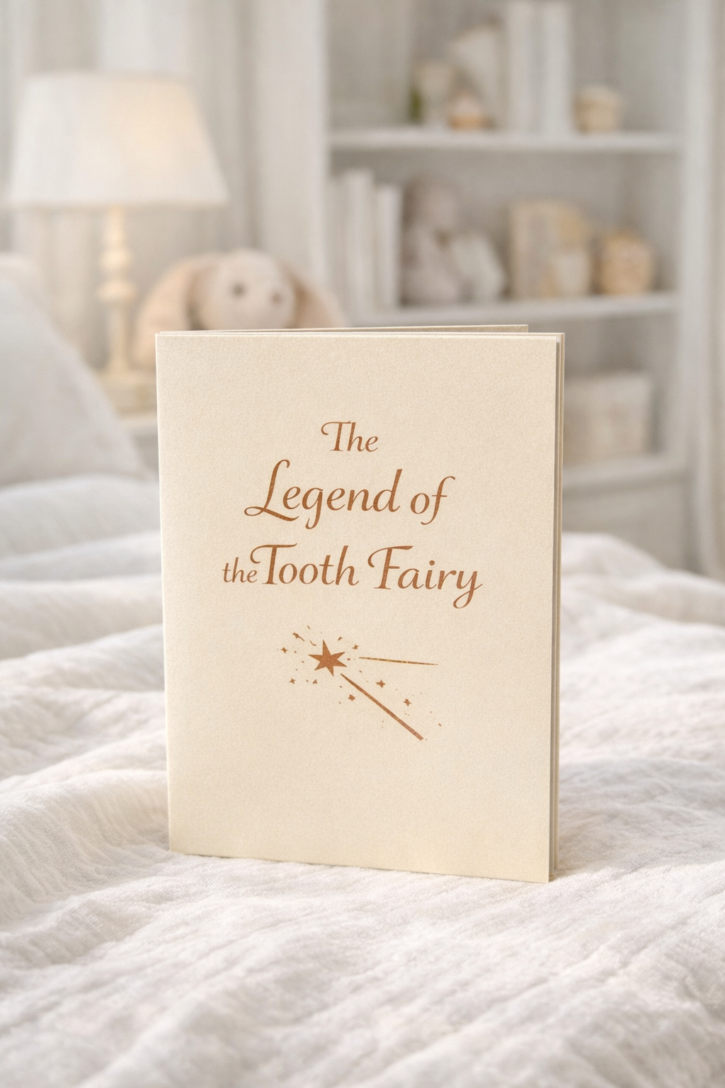 Cream-colored ‘The Legend of the Tooth Fairy’ booklet with gold lettering, photographed upright on a white bed with a softly blurred nursery background.