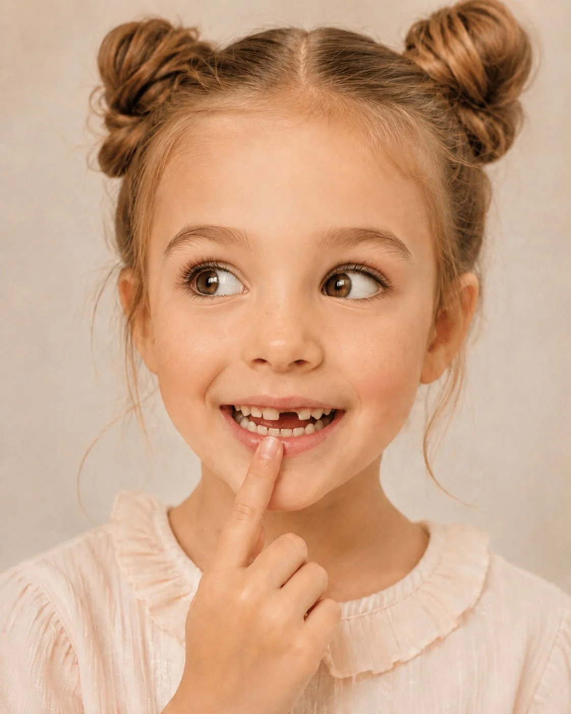 A young girl with her first lost tooth ready for the tooth fairy to visit.