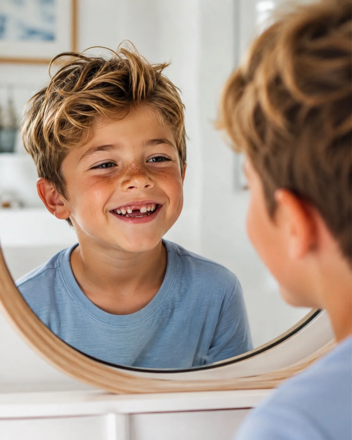Young boy looking in the mirror at his first lost tooth for The Tooth Fairy Treasury.