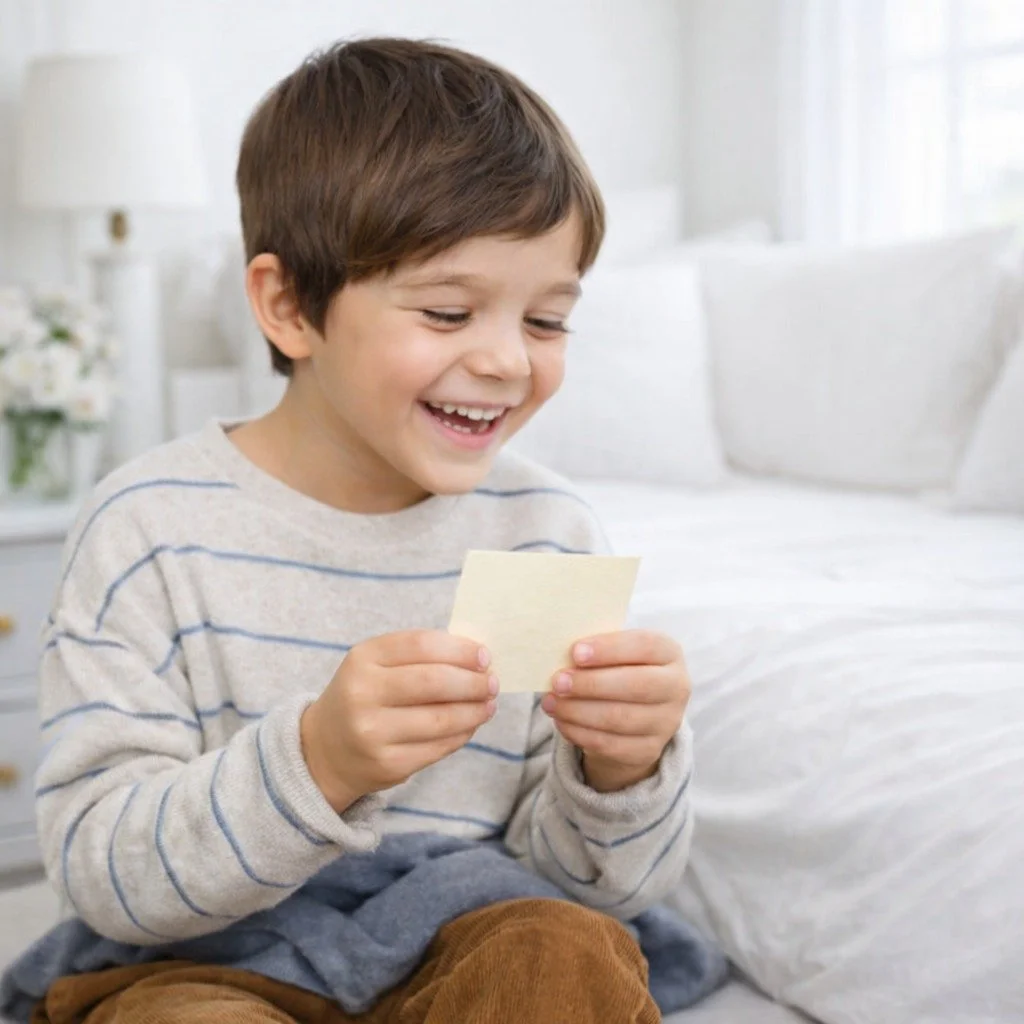 A young boy with a missing first tooth reading a small ivory colored Tooth Fairy letter from Tooth Fairy Treasury. The moment captures the excitement and wonder children feel after losing their first tooth and reading a note from the Tooth Fairy.