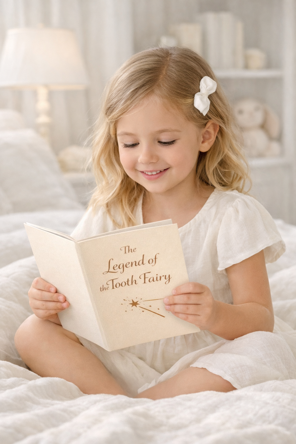 Child reading The Legend of the Tooth Fairy booklet, part of The Tooth Fairy Treasury My First Lost Tooth Set.