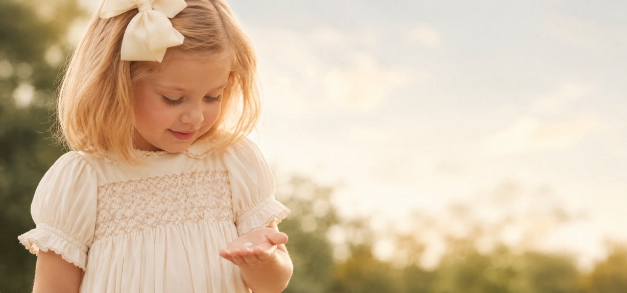 Little girl in an ivory smocked dress and cream bow smiling down at her first lost tooth in her hand, with warm golden light and a softly blurred outdoor background.