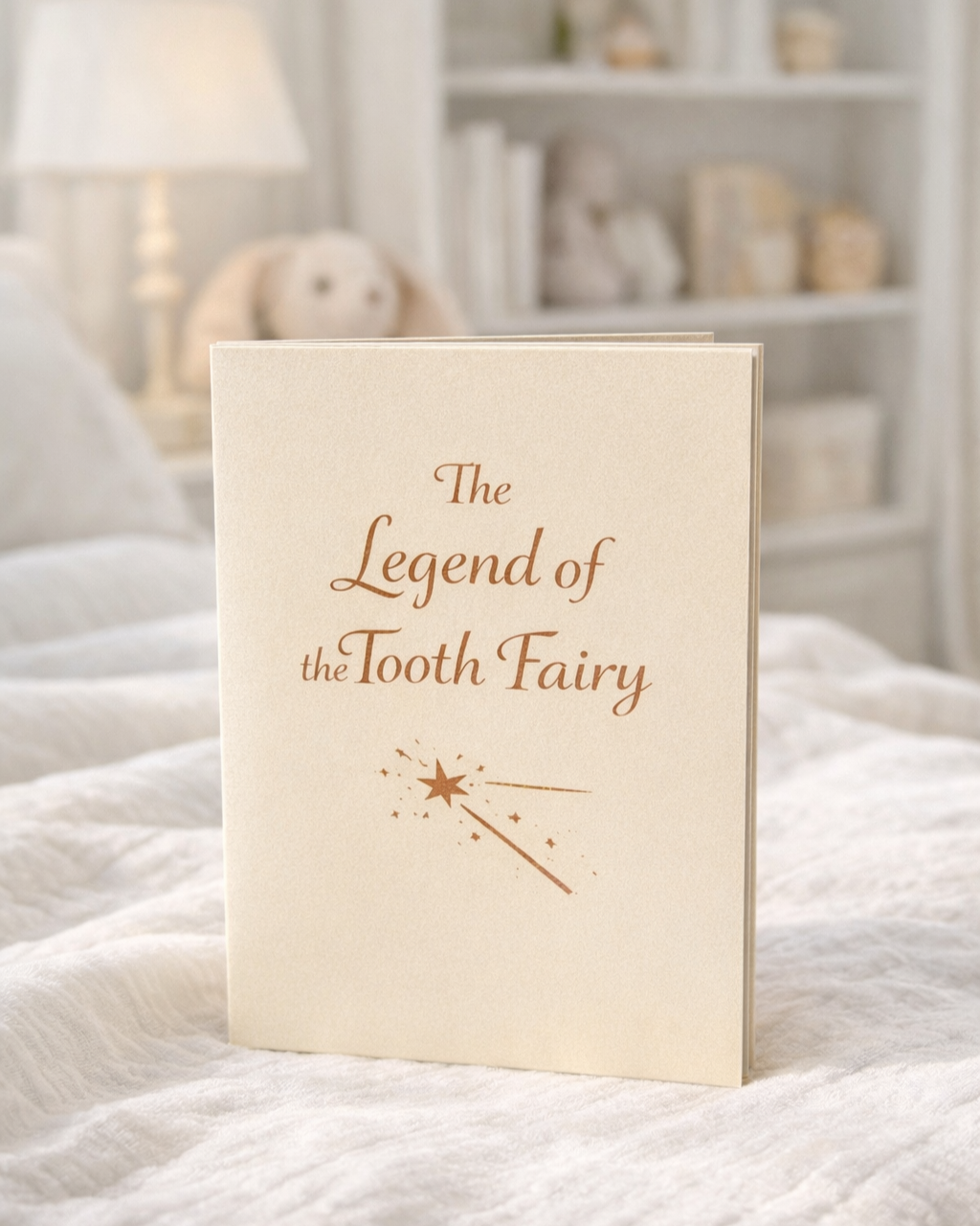 The Legend of the Tooth Fairy storybook standing upright on a soft white bedspread in a cozy child’s bedroom, a keepsake booklet for first lost tooth traditions and Tooth Fairy storytelling.