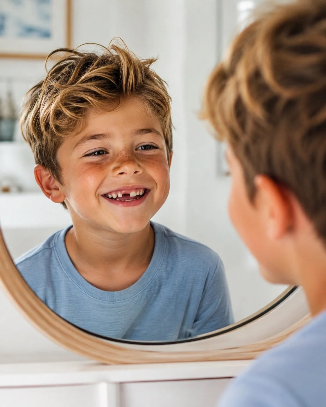 young boy looking at his first lost tooth in the mirror at the tooth fairy treasury