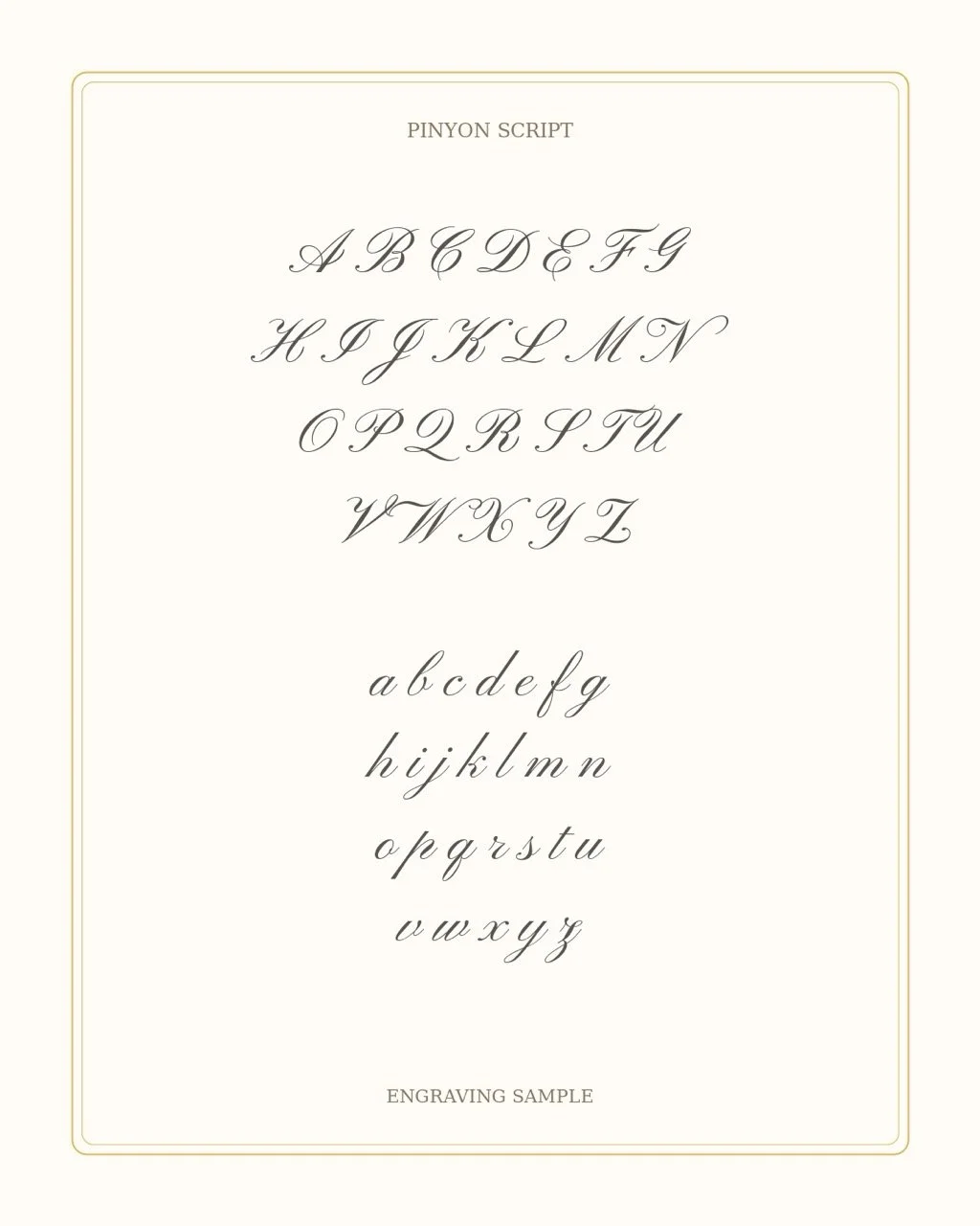 View of the uppercase and lowercase Pinyon Script alphabet used to engrave a child’s name on the wooden Tooth Fairy keepsake box.